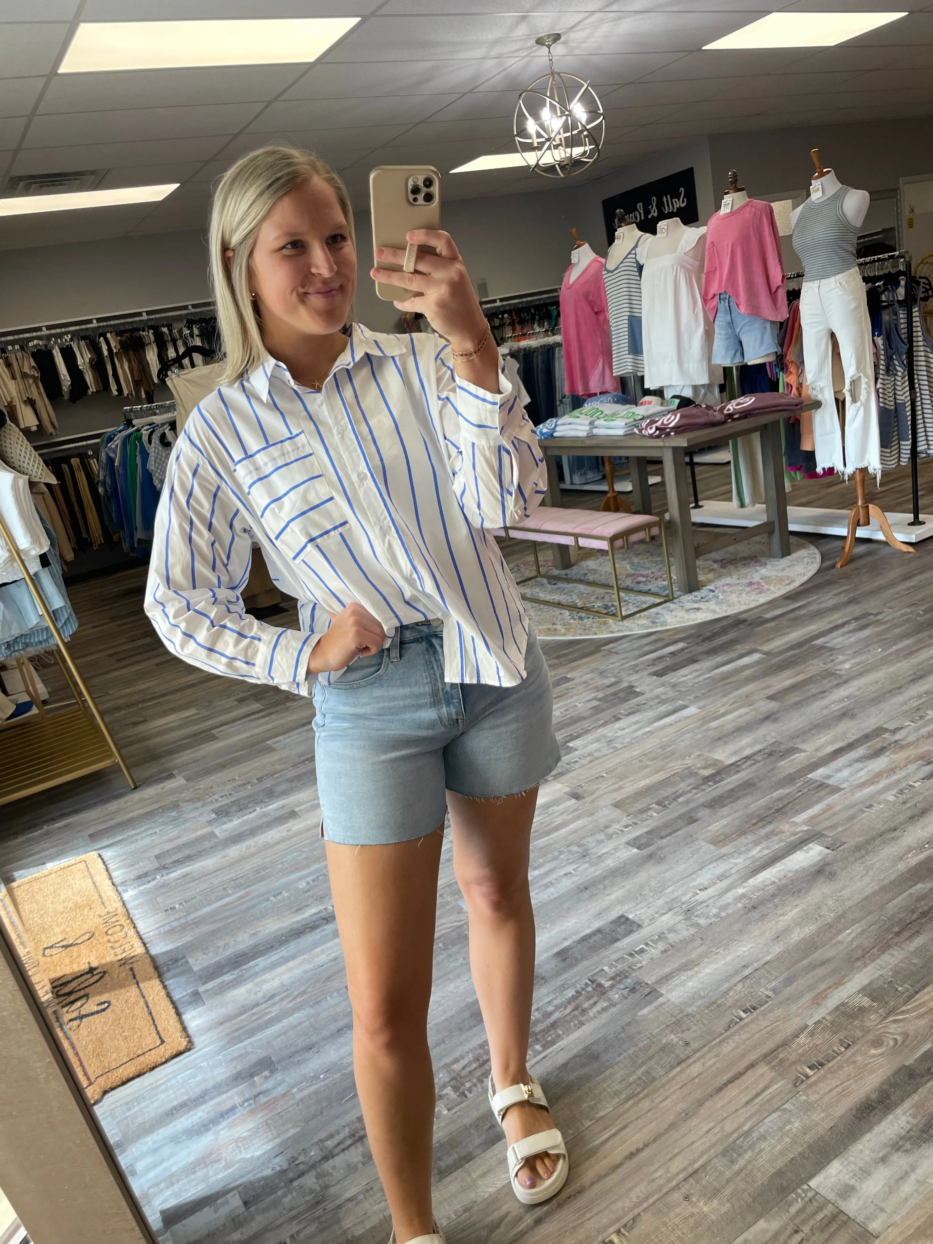 Striped Poplin Button Down Shirt - White/Blue