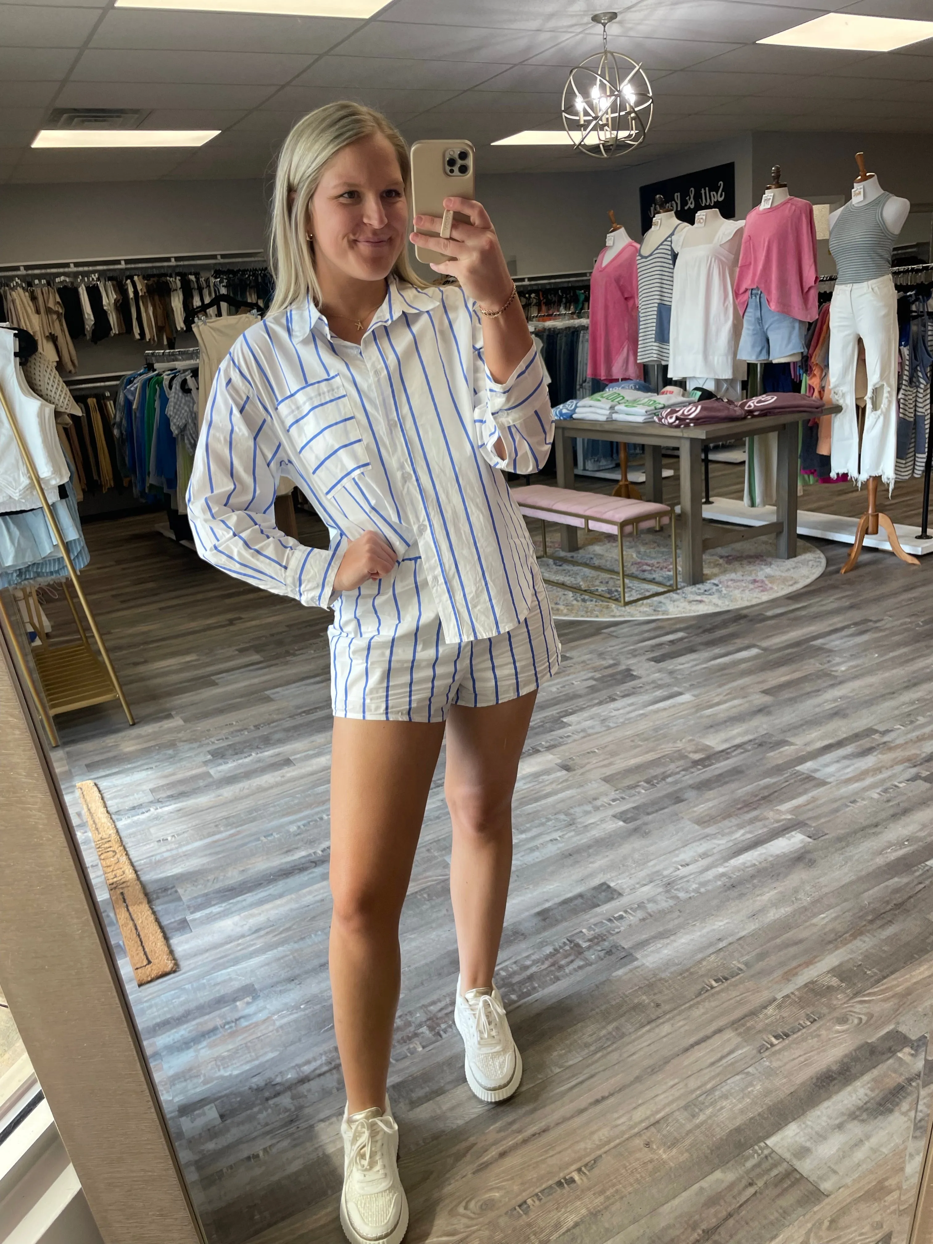 Striped Poplin Button Down Shirt - White/Blue