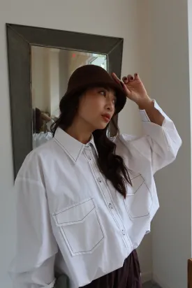 White Contrast Stitch Oversized Button Down