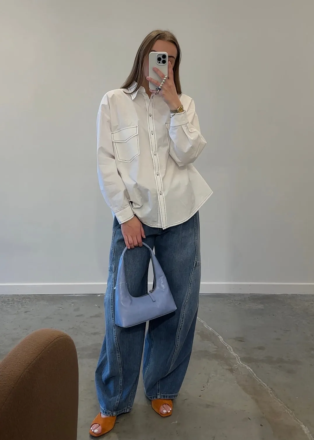 White Contrast Stitch Oversized Button Down